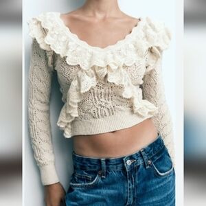 ZARA Lace Ruffle Romantic Cottagecore Prairie V Neck Sweater. Cream. Med